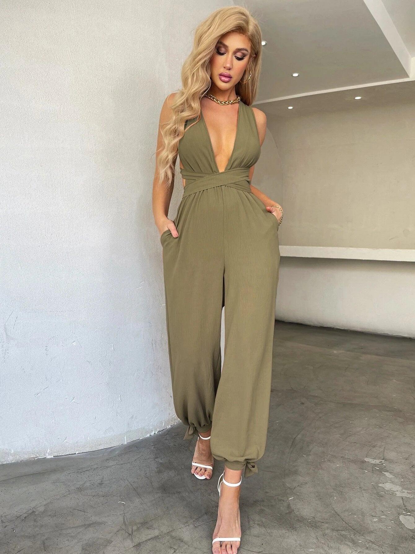 Crisscross Tie Backless Halter Jumpsuit-Comfy Jumpsuits