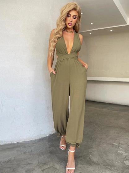 Crisscross Tie Backless Halter Jumpsuit-Comfy Jumpsuits