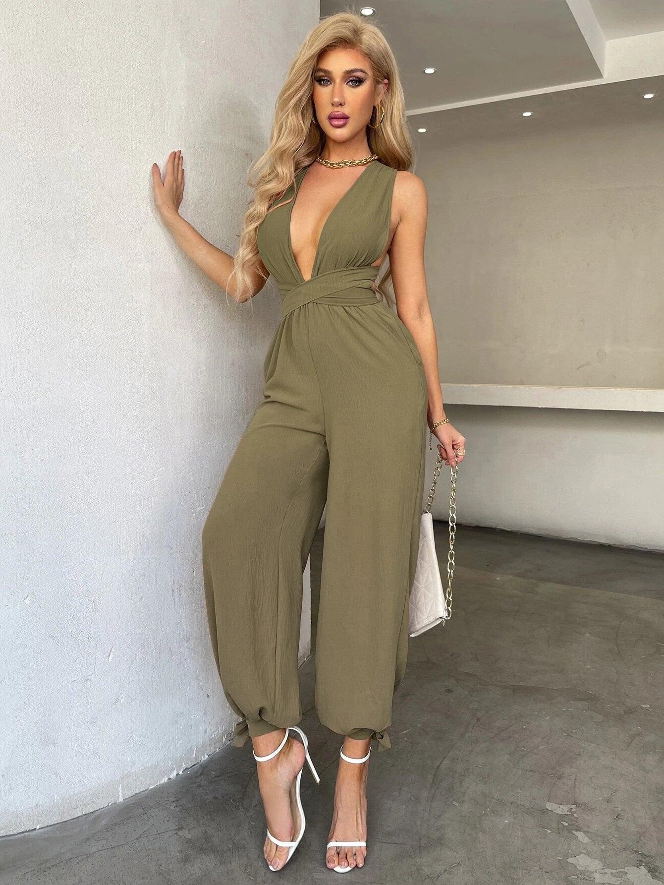 Crisscross Tie Backless Halter Jumpsuit-Comfy Jumpsuits