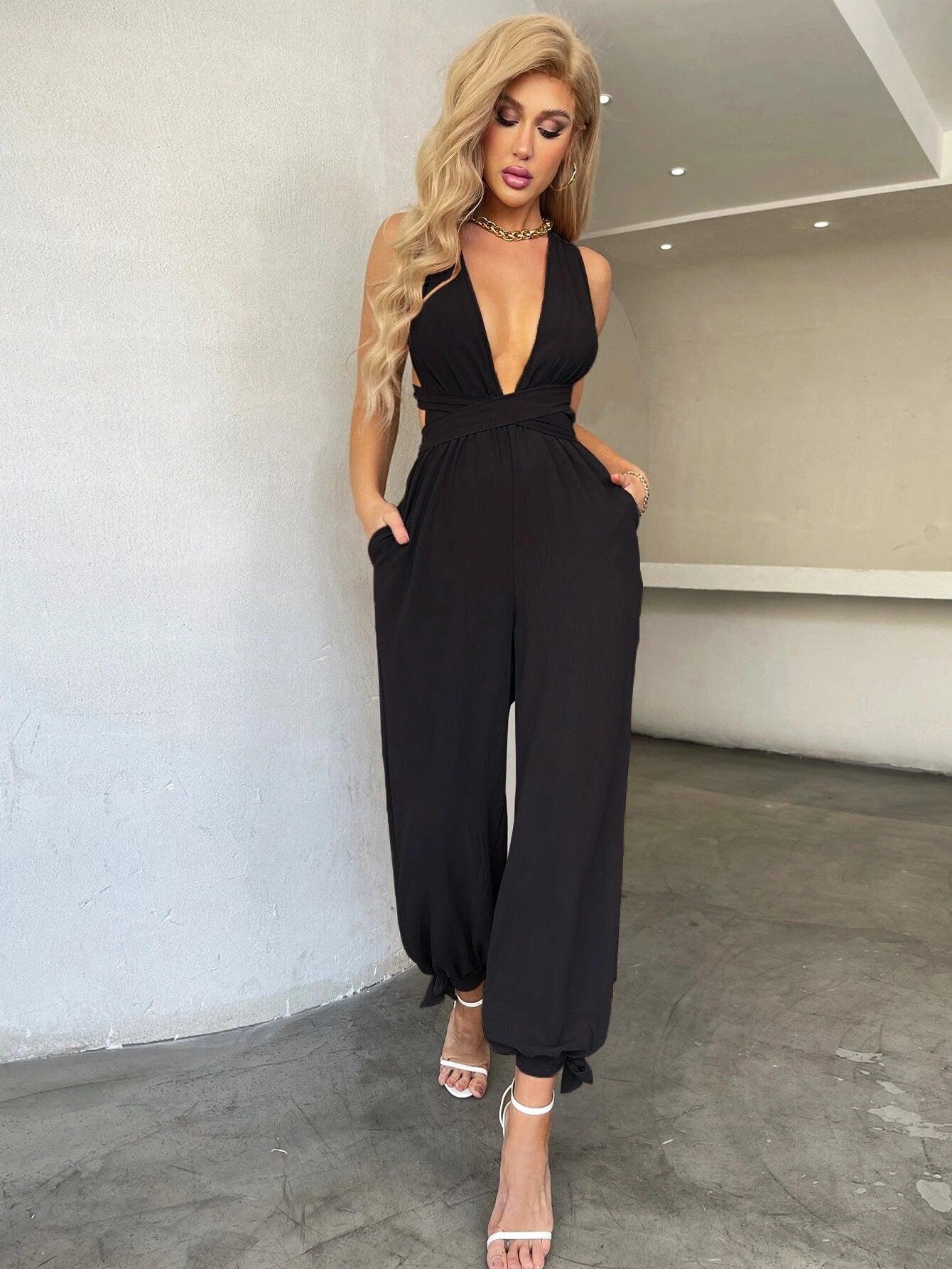 Tie Backless Crisscross Halter Jumpsuit-Comfy Jumpsuits
