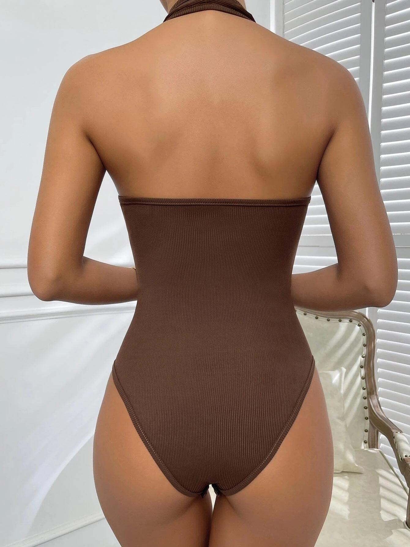 Ribbed Knit Backless Halter Bodysuit-Comfy Jumpsuits