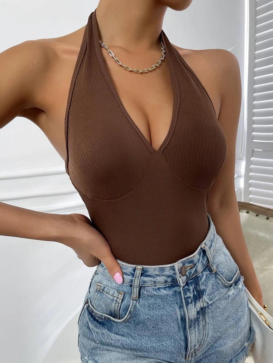 Ribbed Knit Backless Halter Bodysuit-Comfy Jumpsuits