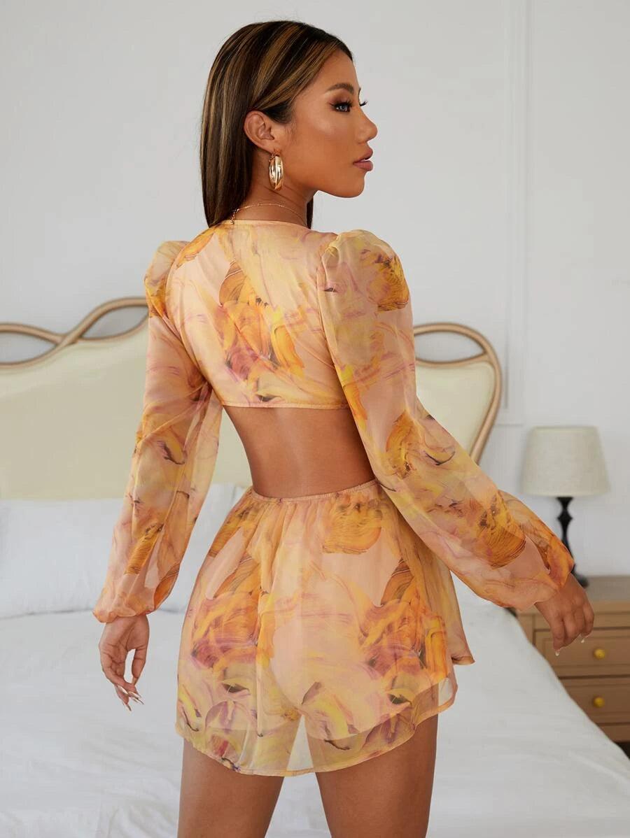 Floral Print Backless Tie Front Chiffon Jumpsuit-Comfy Jumpsuits