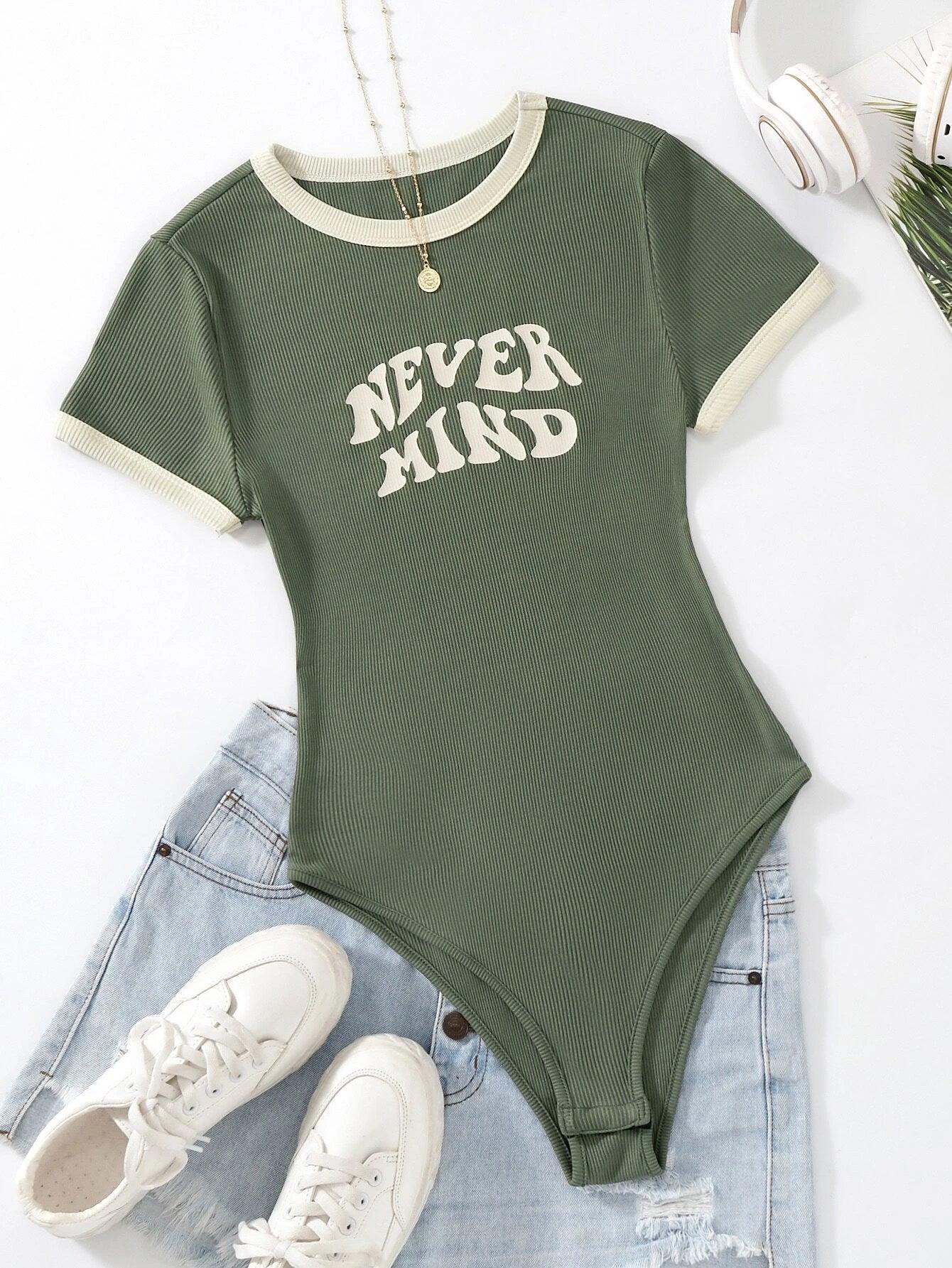 Slogan Graphic Contrast Trim Bodysuit-Comfy Jumpsuits