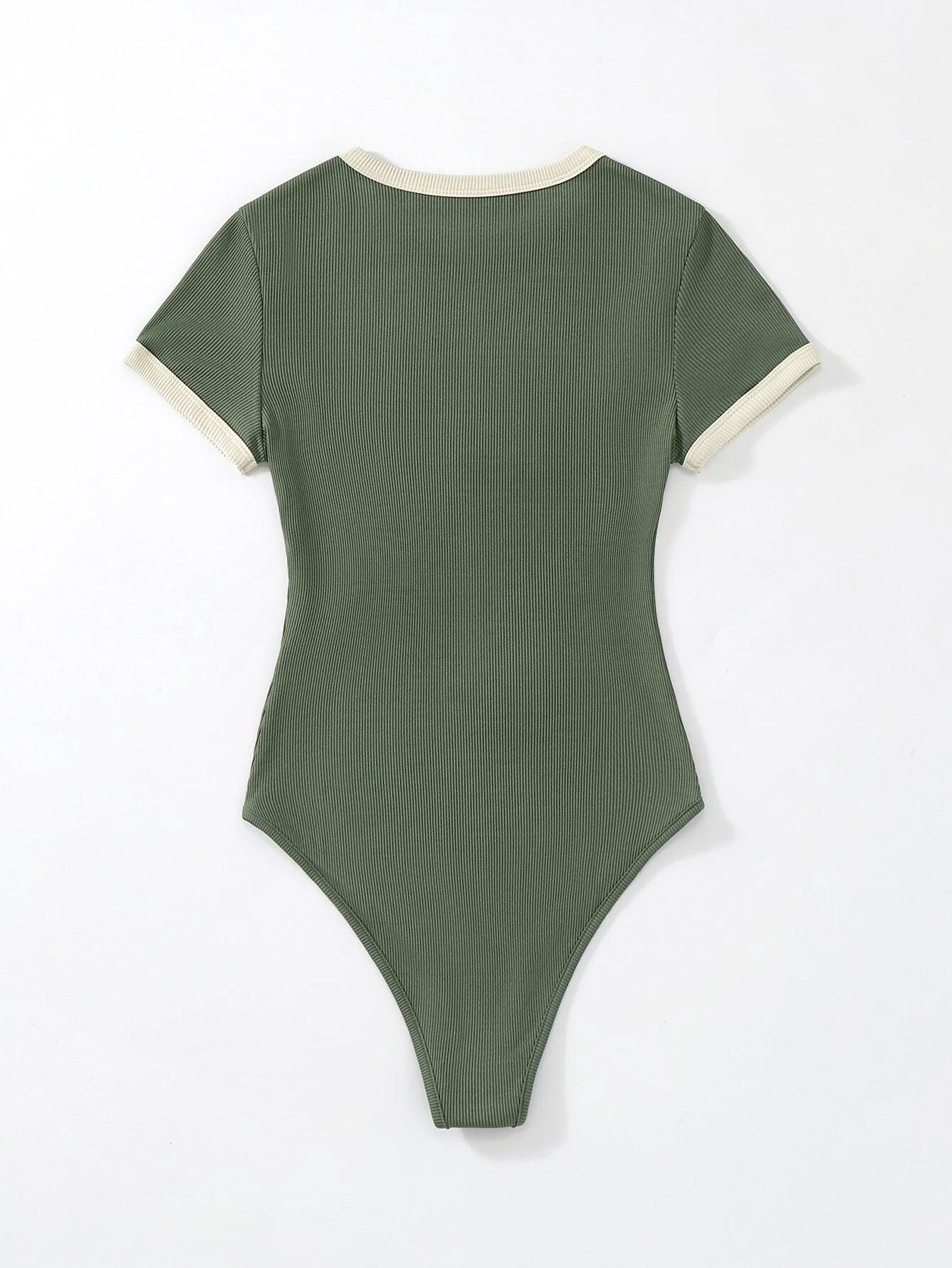 Slogan Graphic Contrast Trim Bodysuit-Comfy Jumpsuits