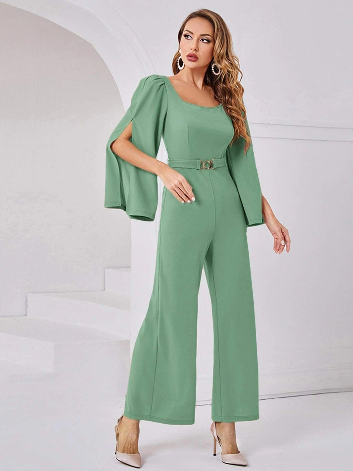 Scoop Neck Wide Length Belted Jumpsuit-Comfy Jumpsuits