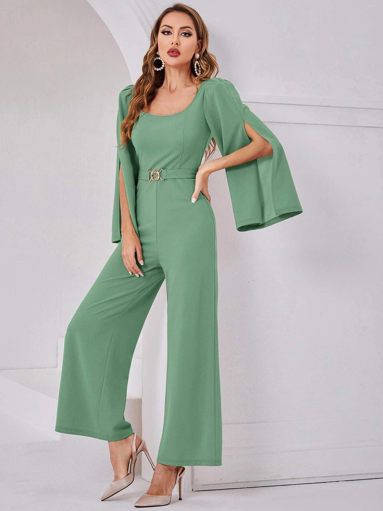 Scoop Neck Wide Length Belted Jumpsuit-Comfy Jumpsuits