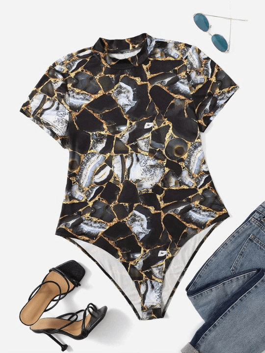 Printed Mock Neck Bodysuit-Comfy Jumpsuits