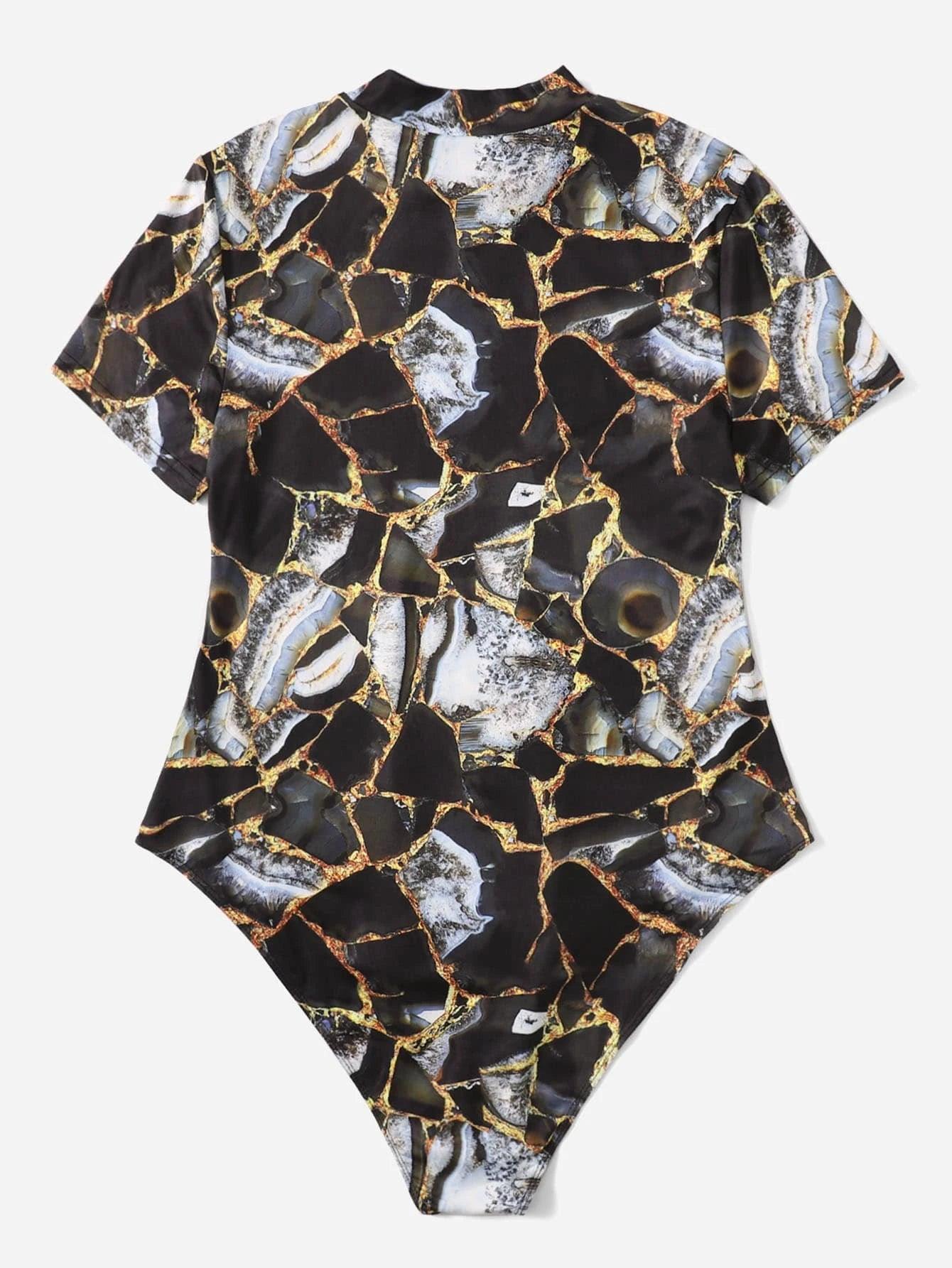 Printed Mock Neck Bodysuit-Comfy Jumpsuits
