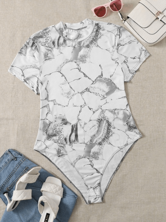Printed Mock Neck Bodysuit-Comfy Jumpsuits
