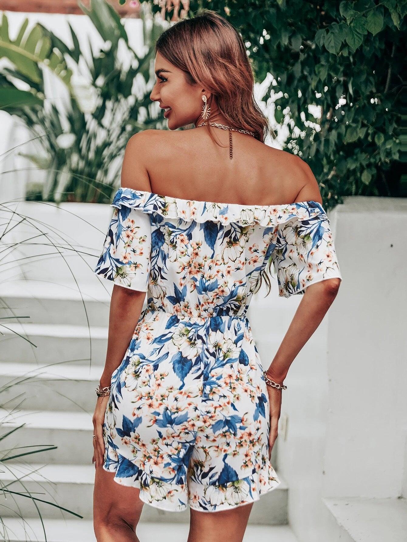 Allover Floral Tie Front Ruffle Trim Off Shoulder Romper-Comfy Jumpsuits