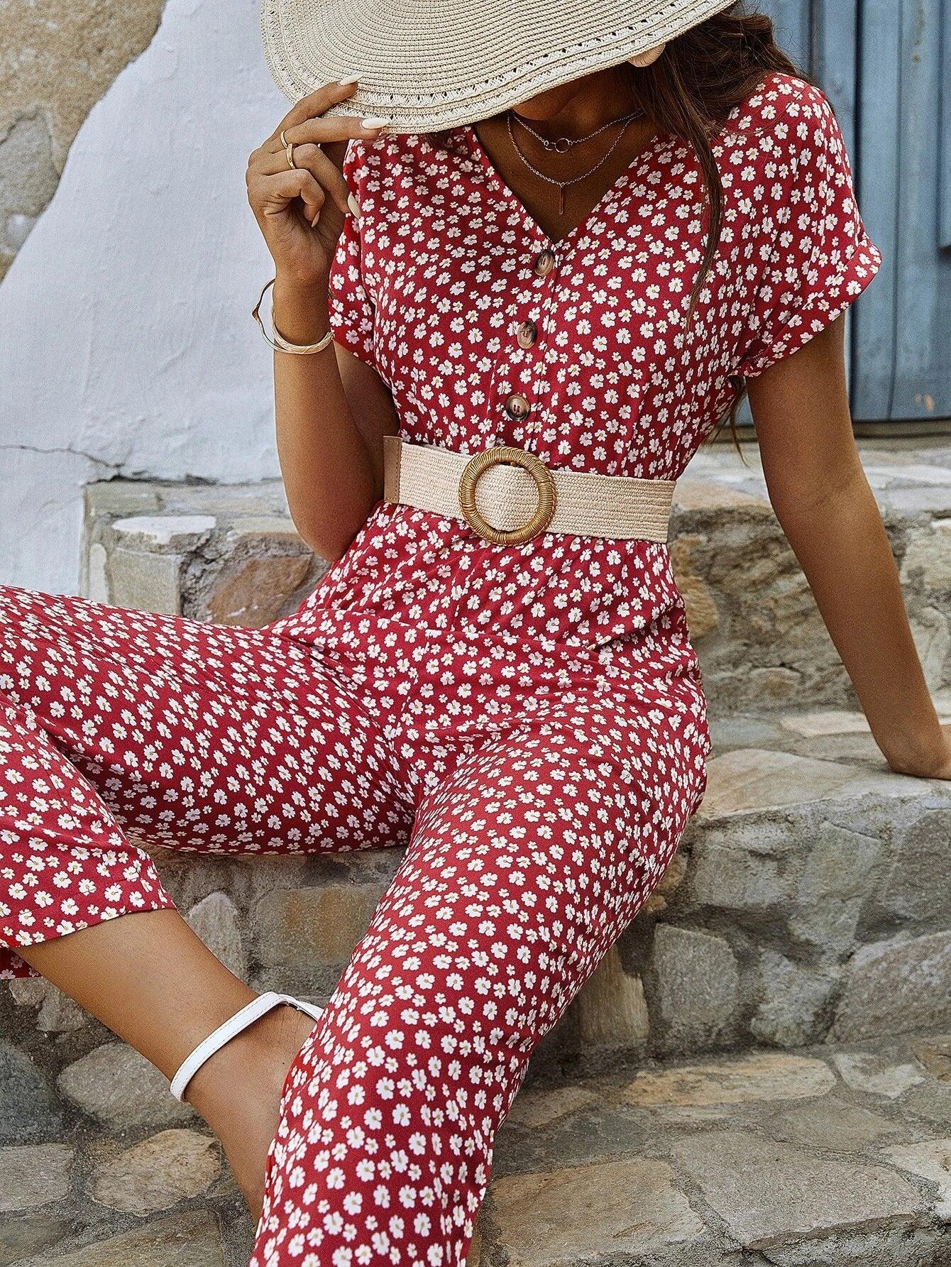 Floral Print Jumpsuit Without Belt-Comfy Jumpsuits