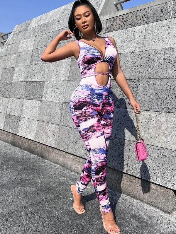 Allover Print Tie Back Unitard Jumpsuit-Comfy Jumpsuits