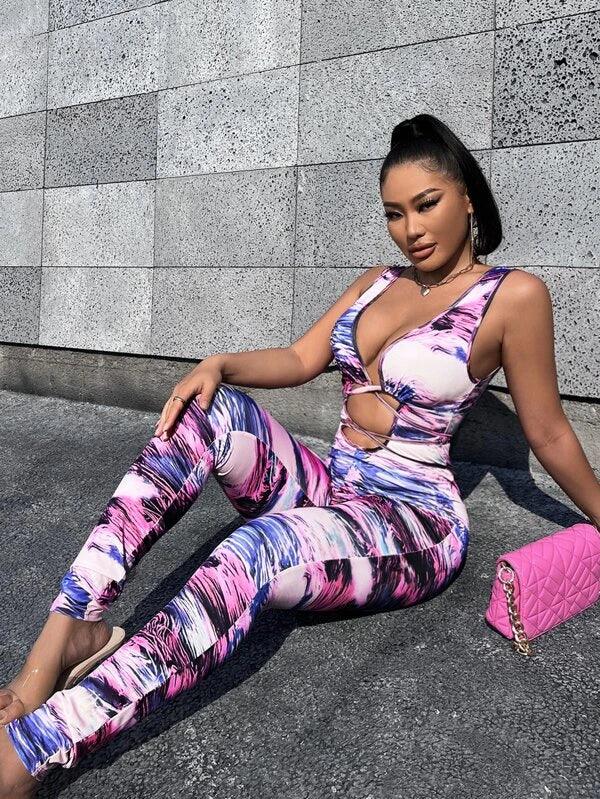 Allover Print Tie Back Unitard Jumpsuit-Comfy Jumpsuits