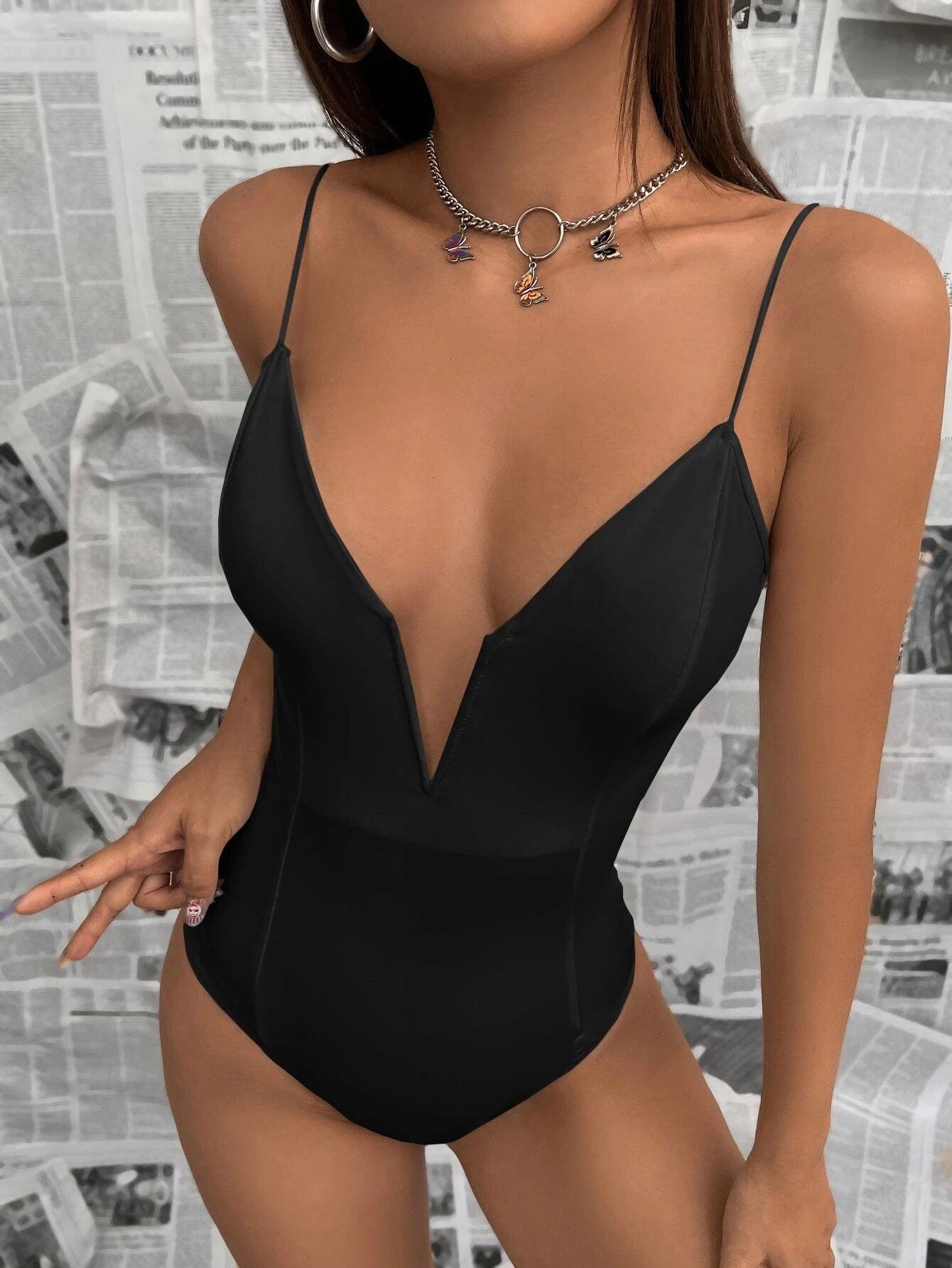 Solid Plunging Neck Bodysuit-Comfy Jumpsuits