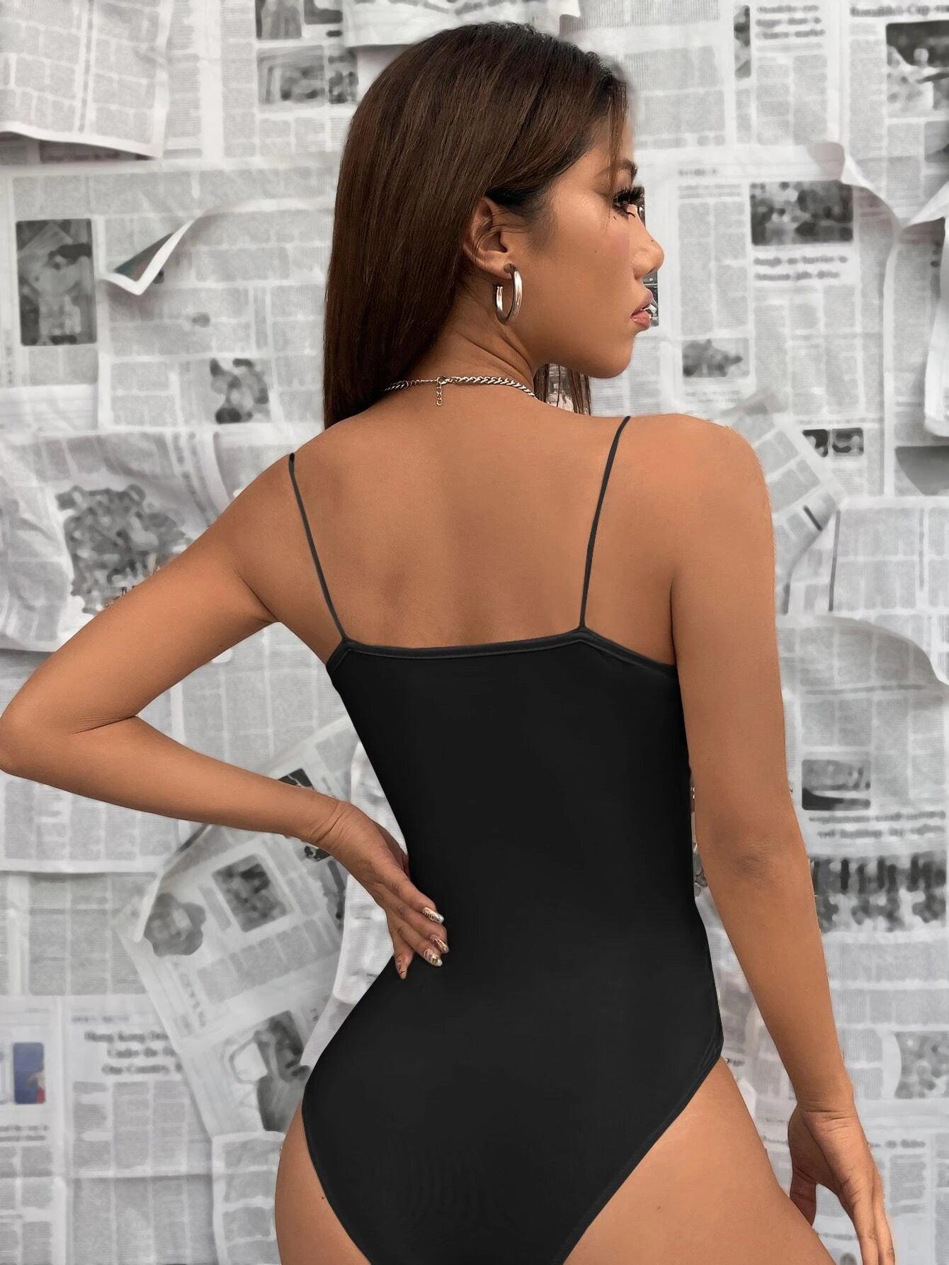 Solid Plunging Neck Bodysuit-Comfy Jumpsuits