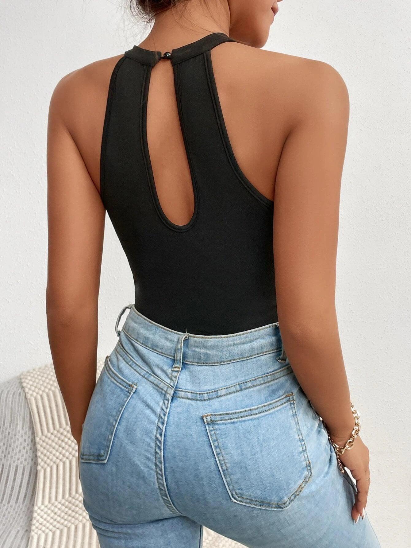 Lace Insert Halter Neck Cut Out Back Bodysuit-Comfy Jumpsuits