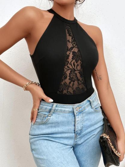Lace Insert Halter Neck Cut Out Back Bodysuit-Comfy Jumpsuits