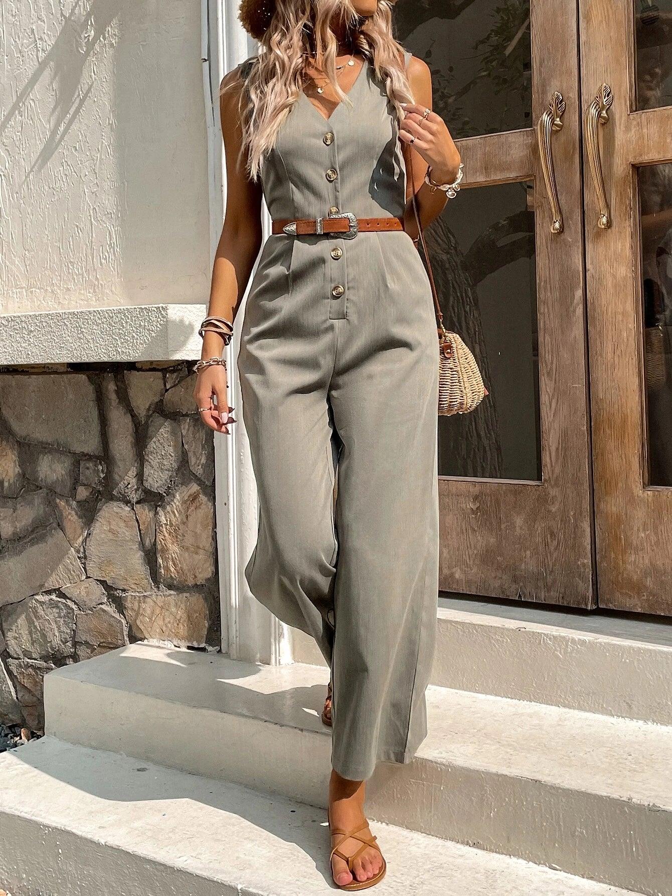 Solid Coloured Button Front Jumpsuit-Comfy Jumpsuits