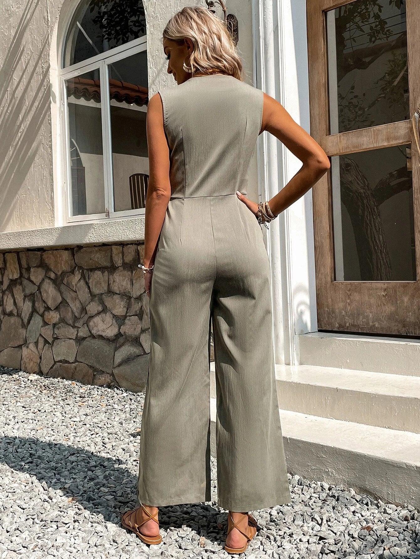 Solid Coloured Button Front Jumpsuit-Comfy Jumpsuits