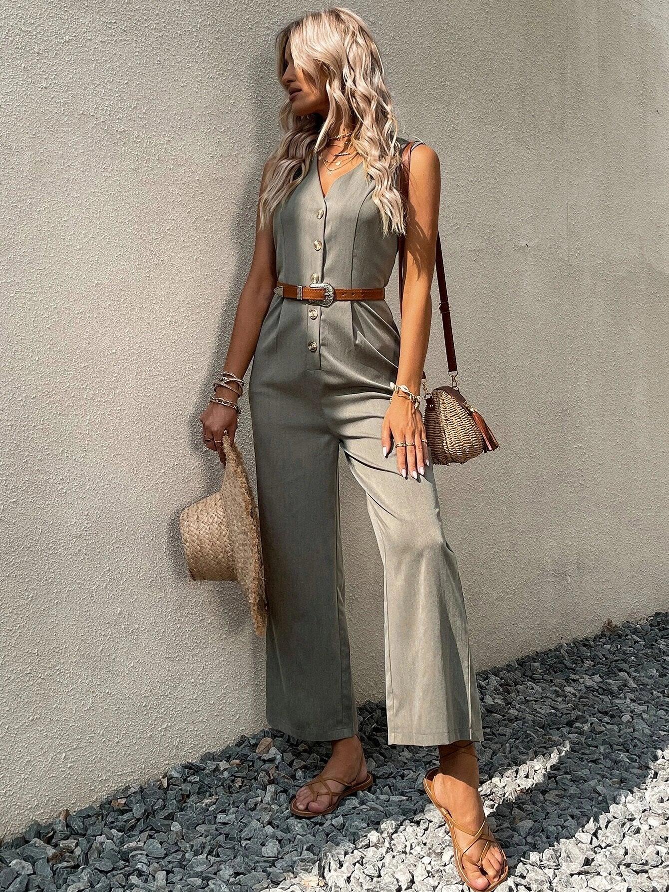 Solid Coloured Button Front Jumpsuit-Comfy Jumpsuits