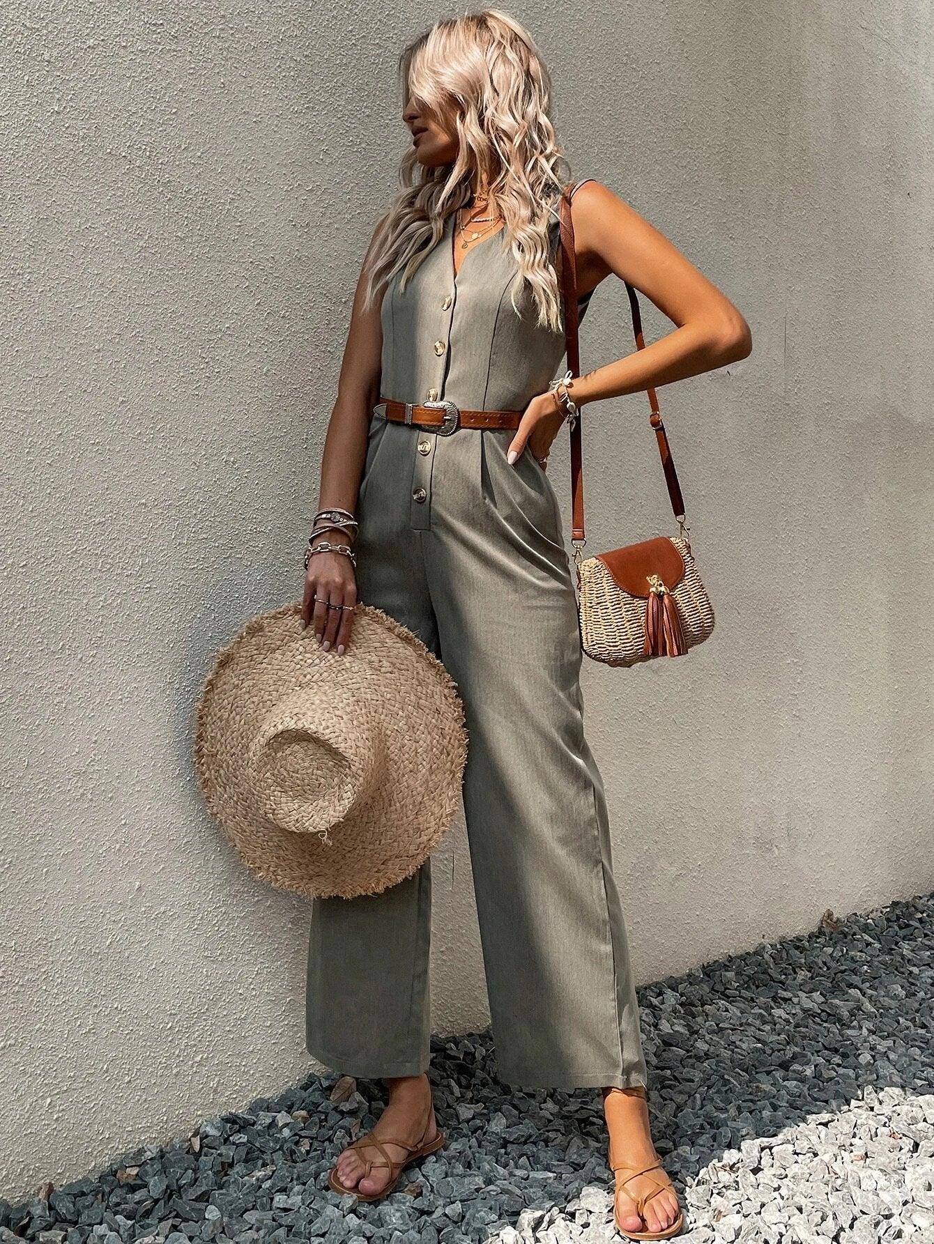 Solid Coloured Button Front Jumpsuit-Comfy Jumpsuits