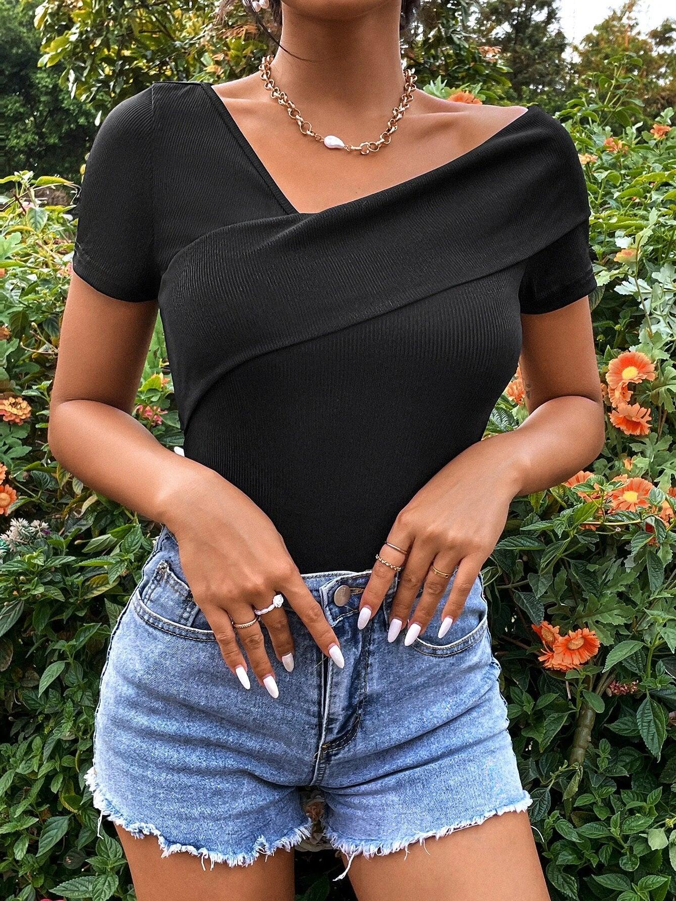 Asymmetrical Neck Rib-knit Bodysuit-Comfy Jumpsuits