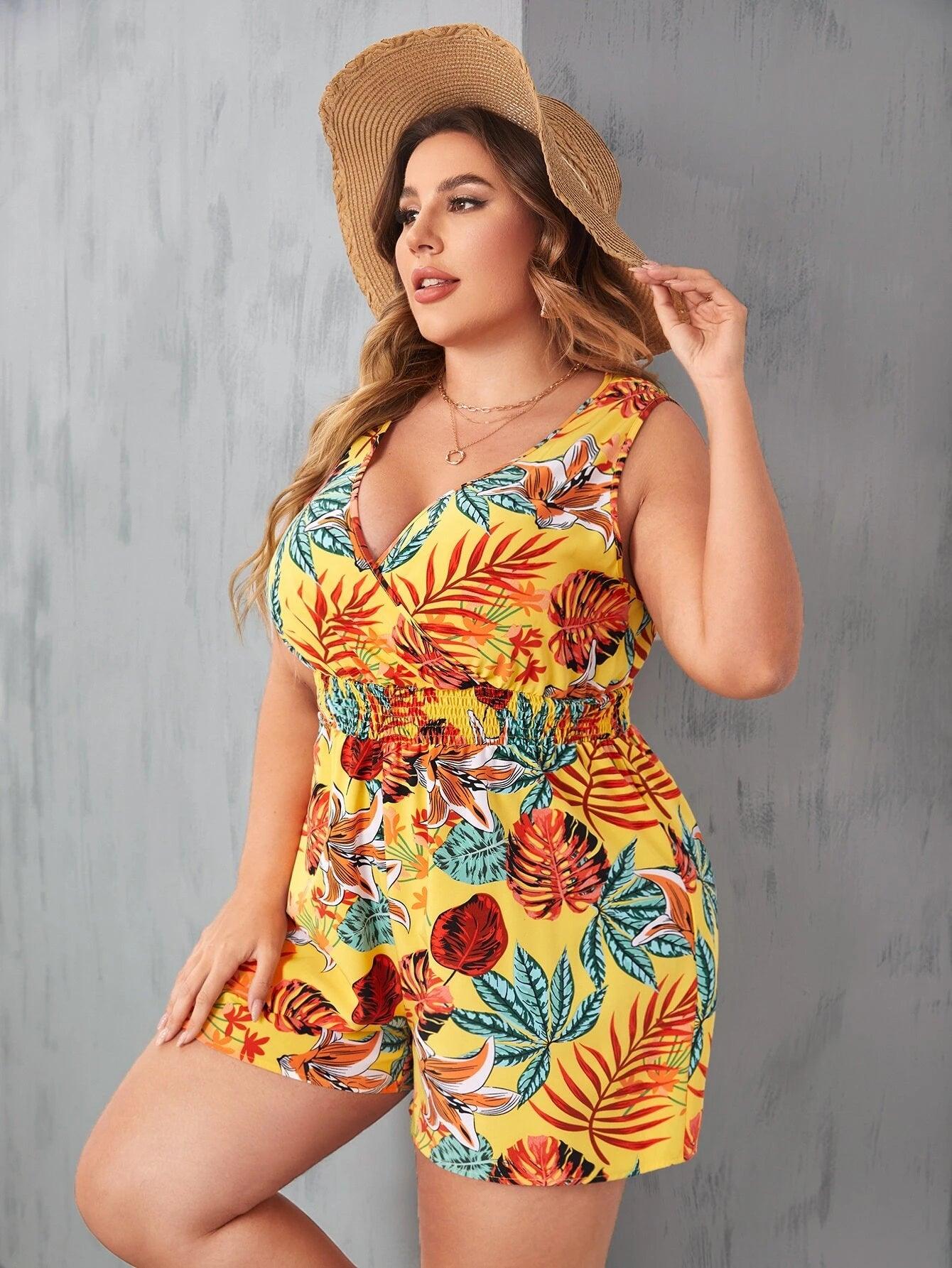 Print Surplice Neck Shirred Waist Romper-Comfy Jumpsuits
