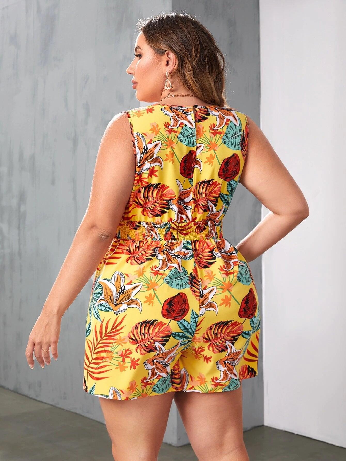 Print Surplice Neck Shirred Waist Romper-Comfy Jumpsuits
