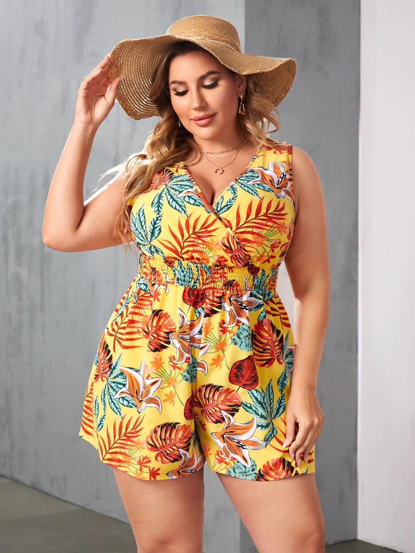 Print Surplice Neck Shirred Waist Romper-Comfy Jumpsuits