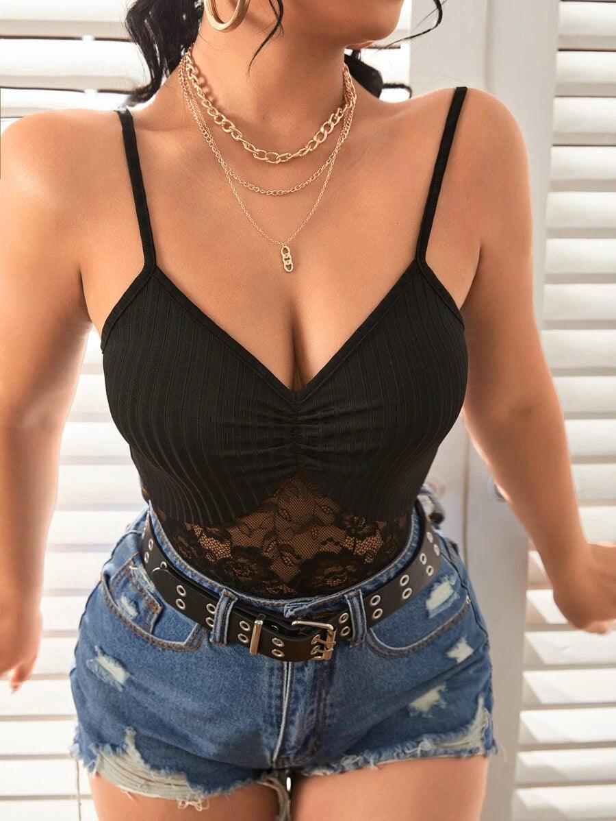 Lace Ruched Cami Bodysuit-Comfy Jumpsuits