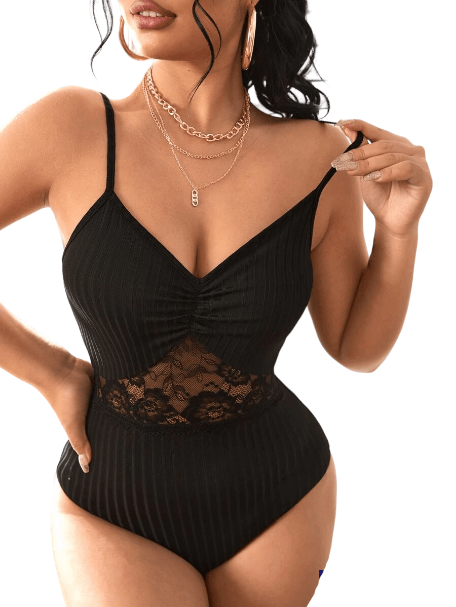 Lace Ruched Cami Bodysuit-Comfy Jumpsuits