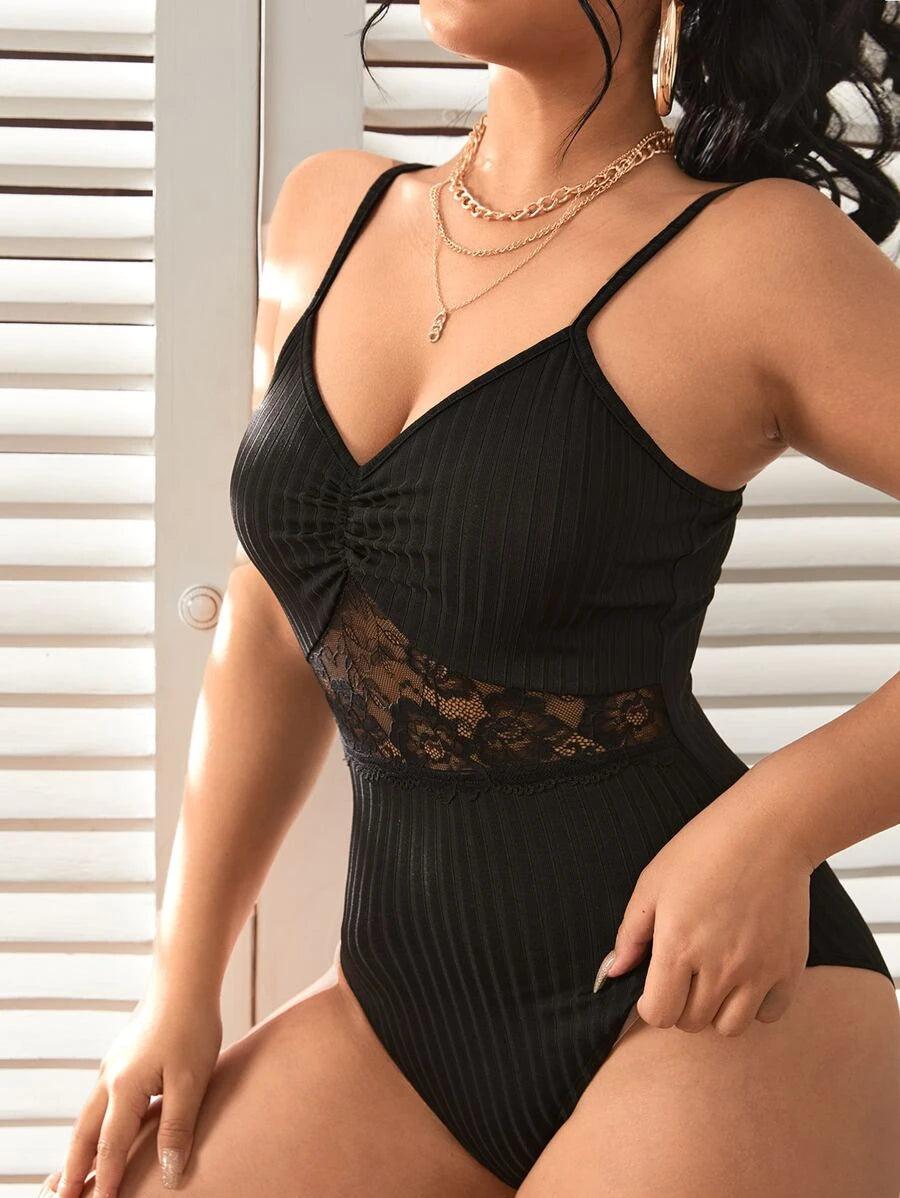 Lace Ruched Cami Bodysuit-Comfy Jumpsuits