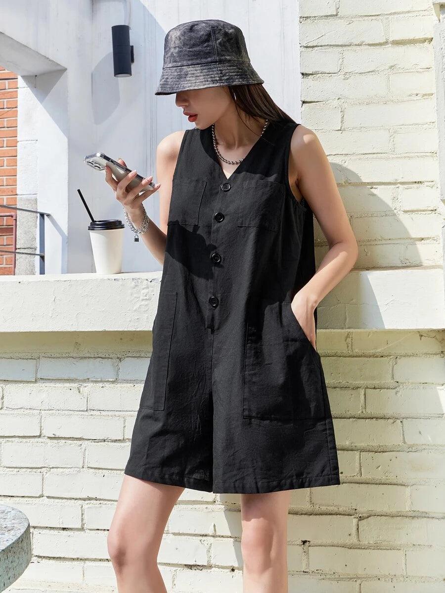 Pocket Button Front Tank Jumpsuit-Comfy Jumpsuits