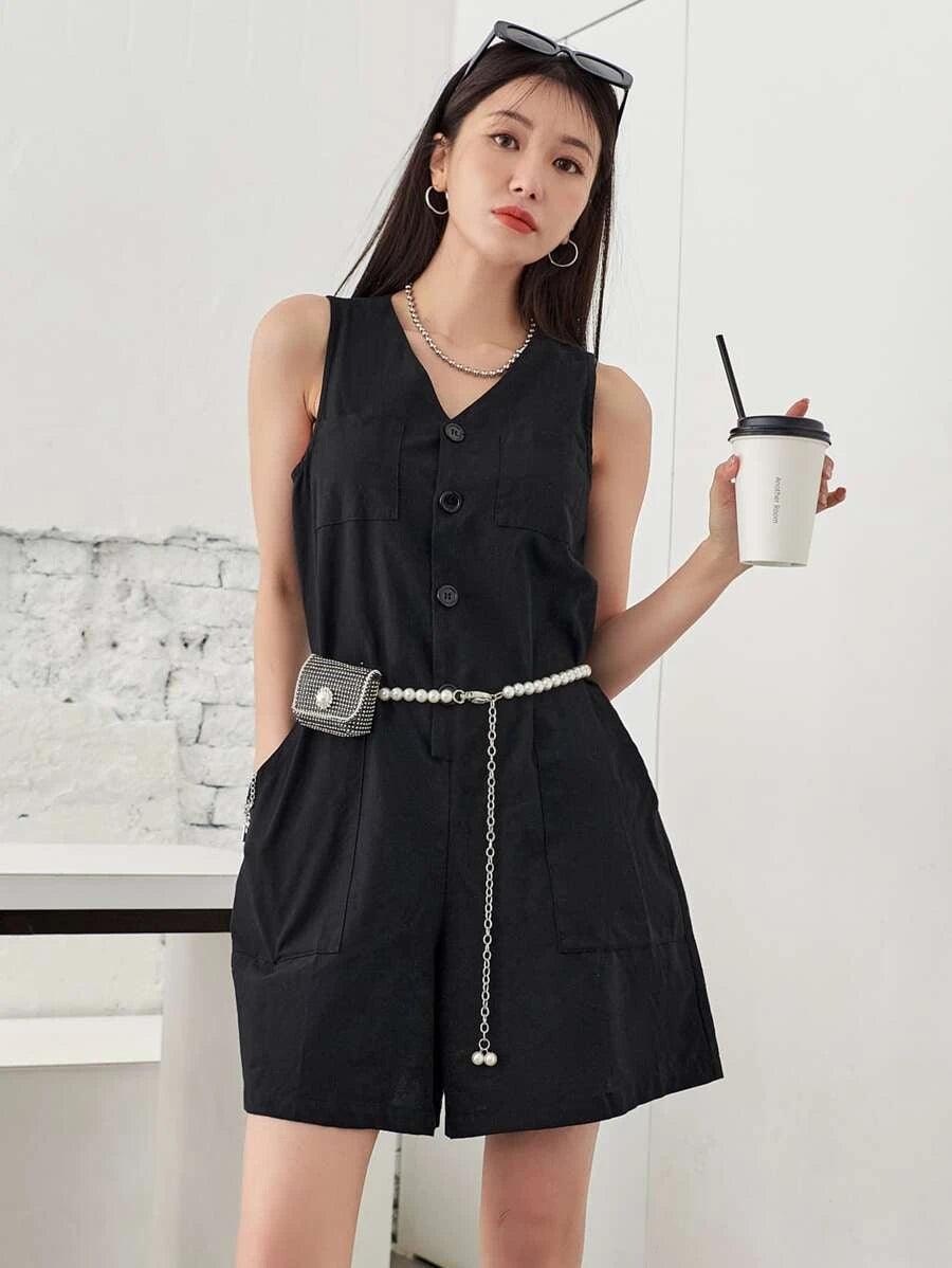 Pocket Button Front Tank Jumpsuit-Comfy Jumpsuits
