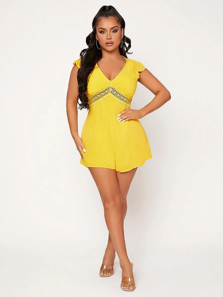 Butterfly Sleeve Deep V Neck Romper-Comfy Jumpsuits