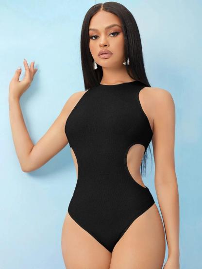 Cutout Side Solid Bodysuit-Comfy Jumpsuits