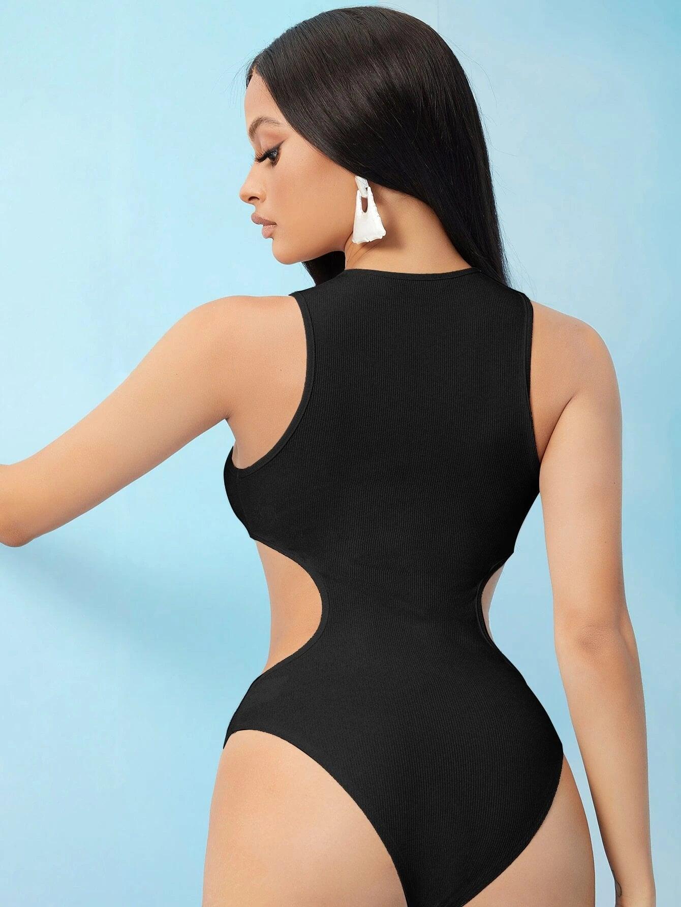 Cutout Side Solid Bodysuit-Comfy Jumpsuits
