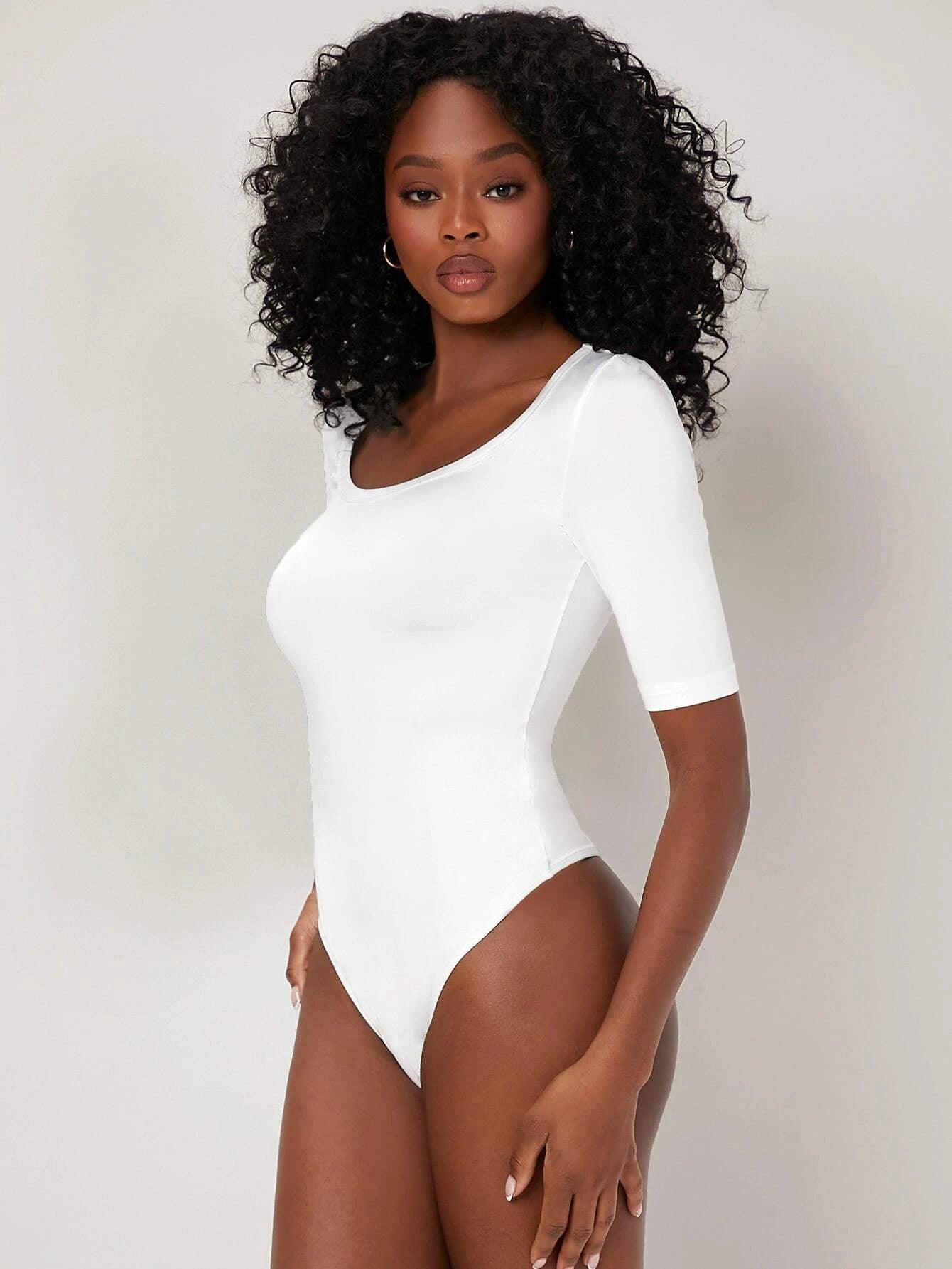 Solid Colored Scooped Neckline Bodysuit-Comfy Jumpsuits