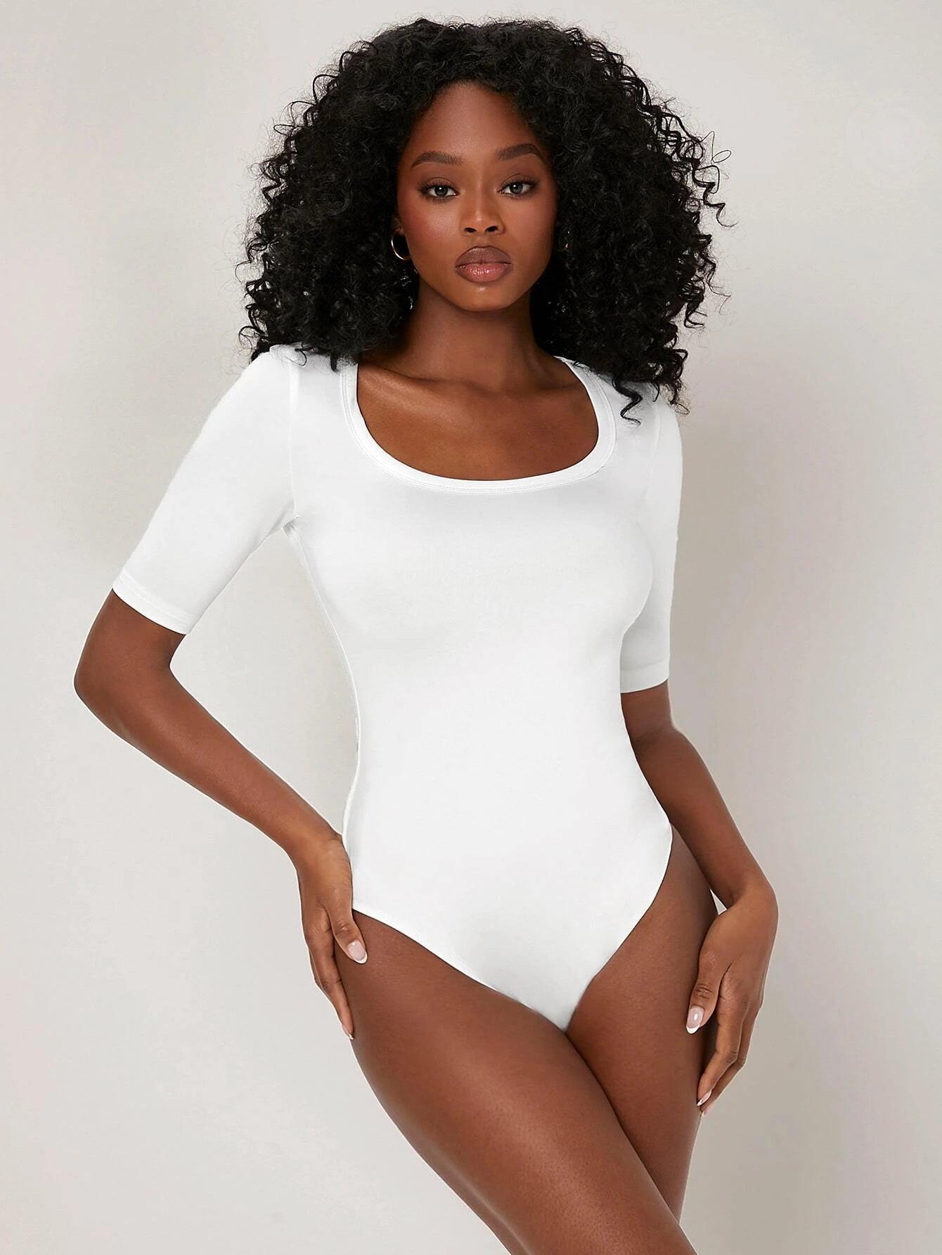 Solid Scoop Neck Bodysuit-Comfy Jumpsuits