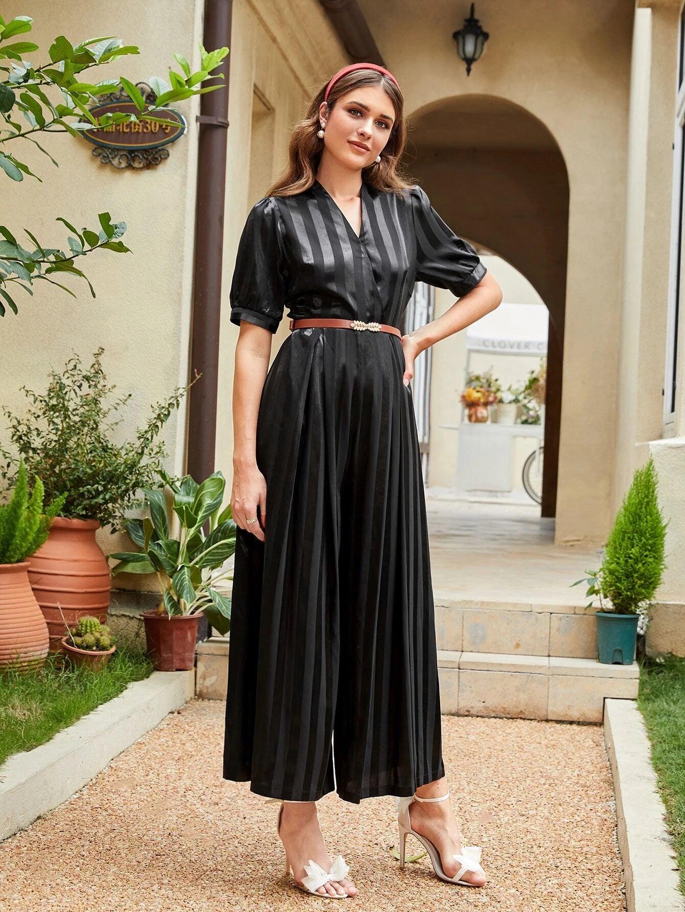 Vertical Striped Puff Sleeve Jumpsuit Without Belt-Comfy Jumpsuits