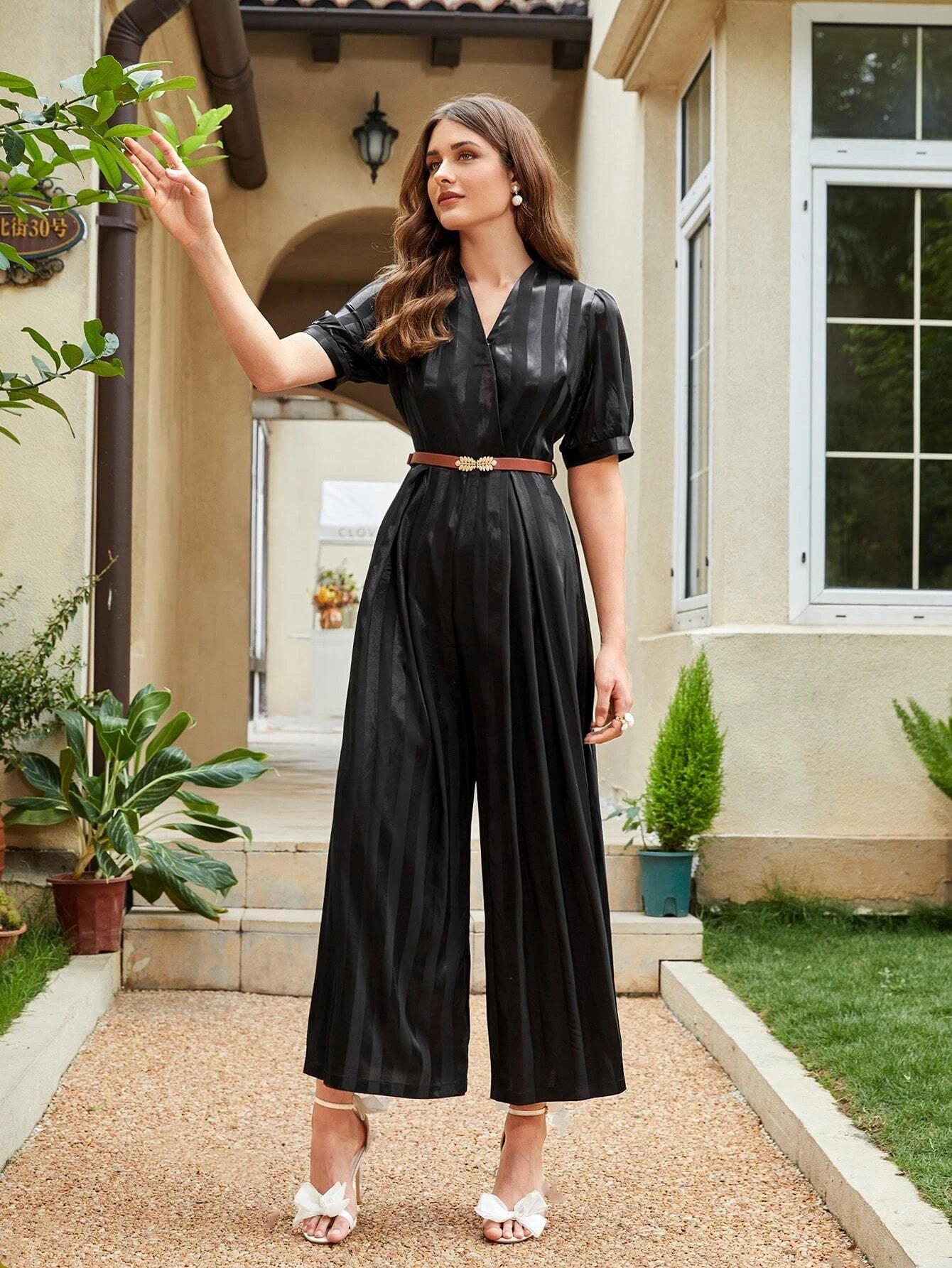 Vertical Striped Puff Sleeve Jumpsuit Without Belt-Comfy Jumpsuits