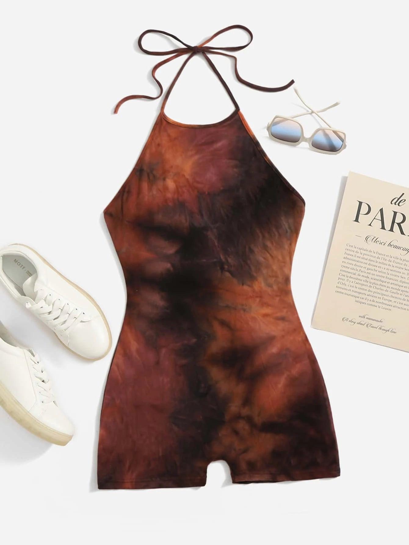 Tie Dye Knot Backless Unitard-Comfy Jumpsuits