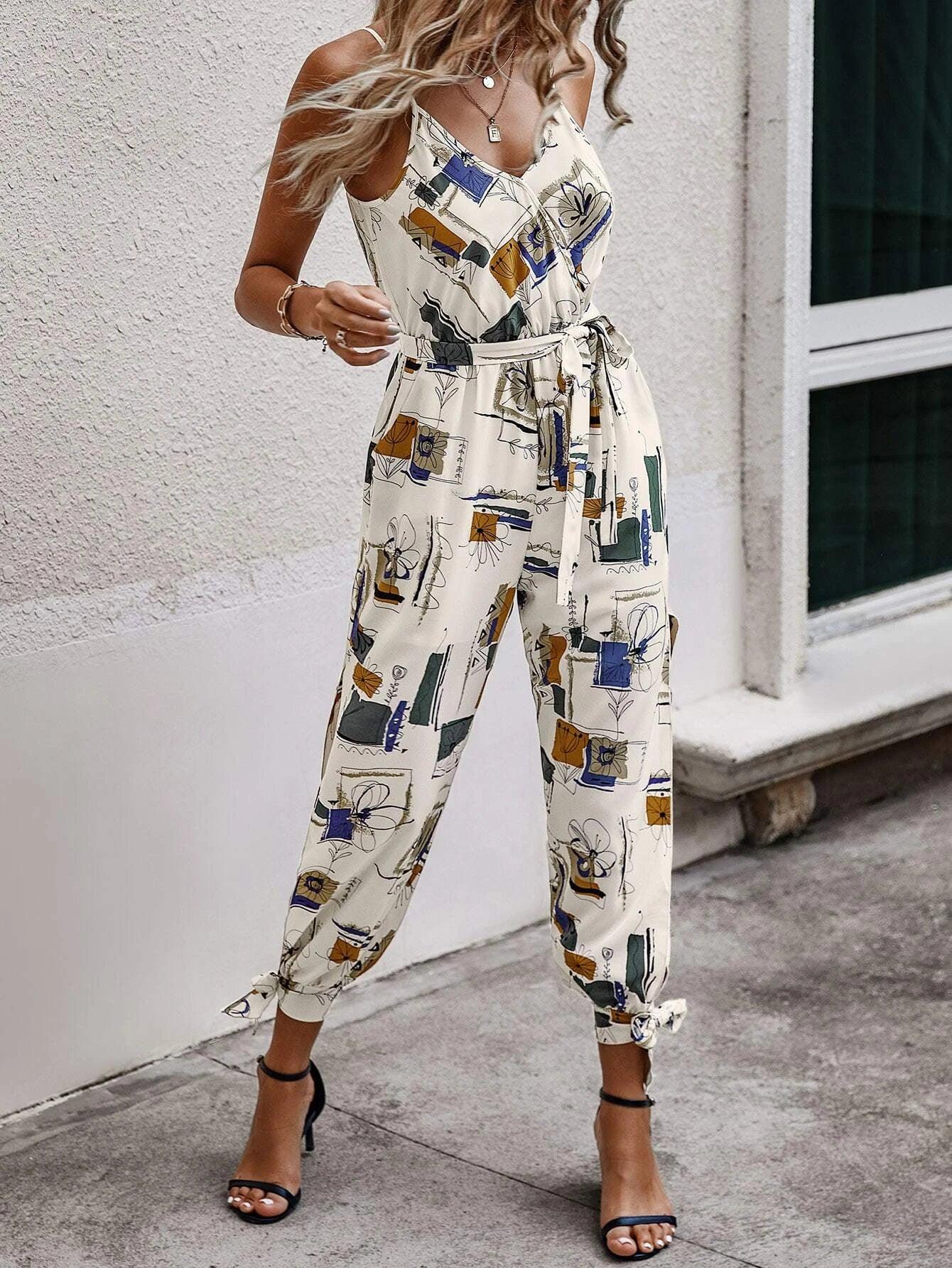 Split Knot Hem Belted Cami Jumpsuit-Comfy Jumpsuits