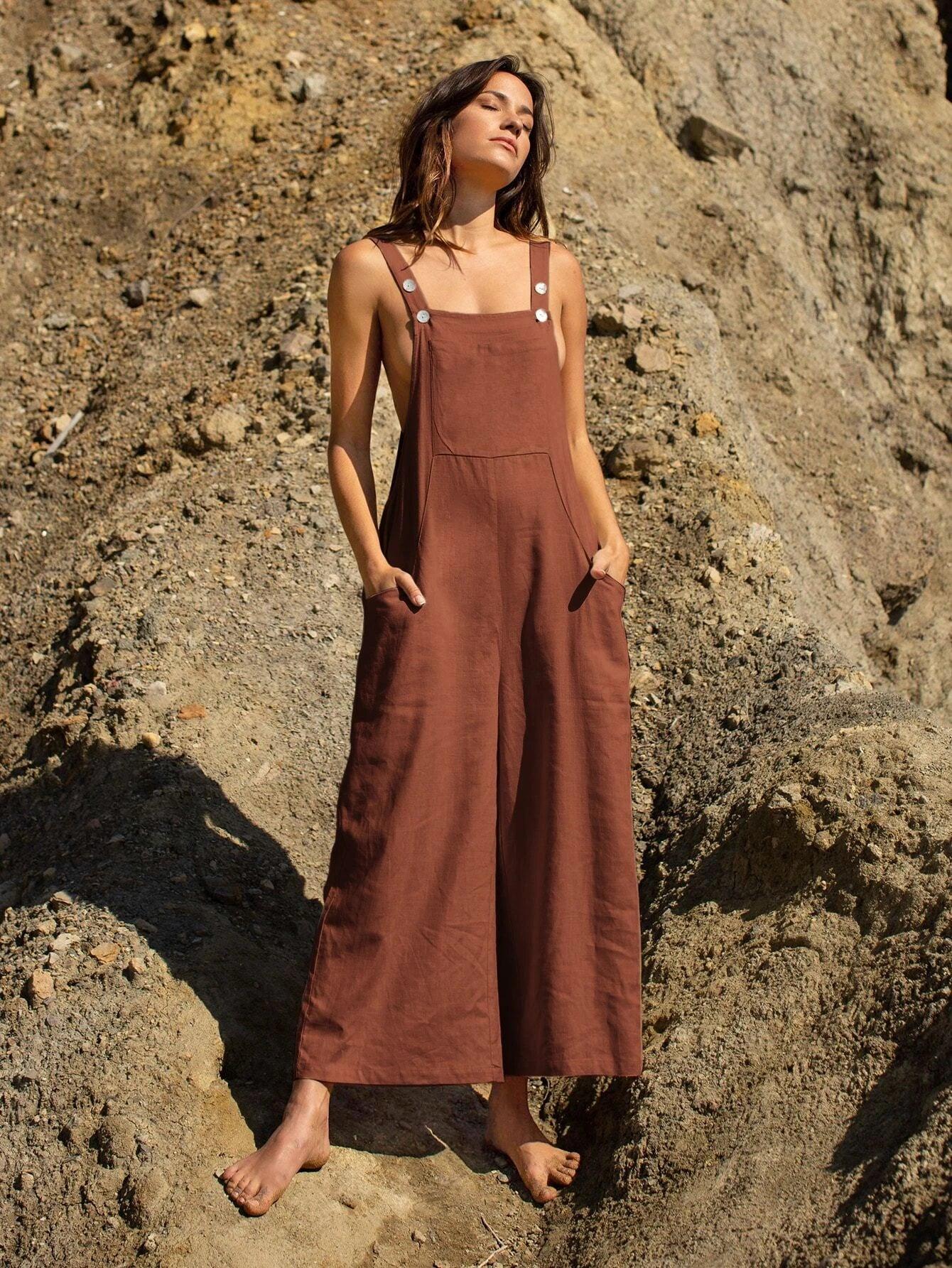Linen Pocket Front Overalls-Comfy Jumpsuits