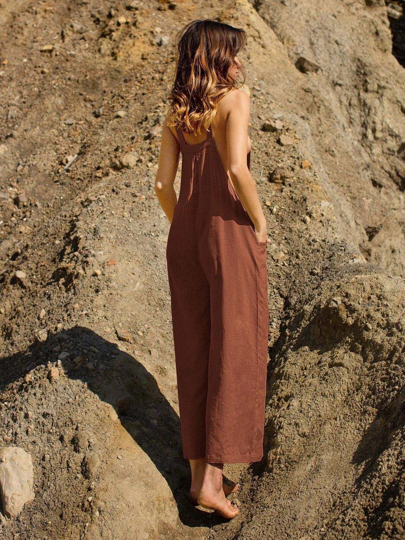 Linen Pocket Front Overalls-Comfy Jumpsuits