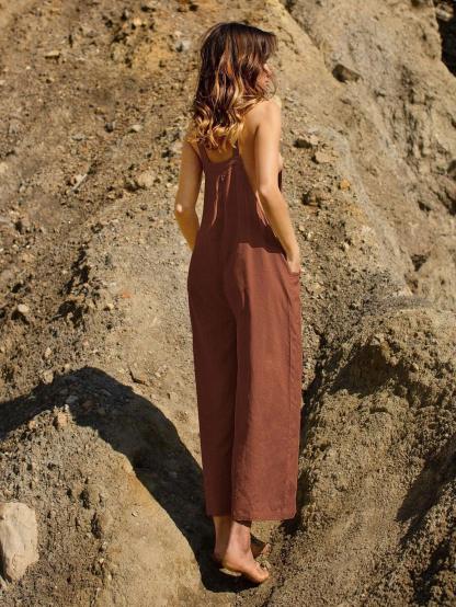 Linen Pocket Front Overalls-Comfy Jumpsuits