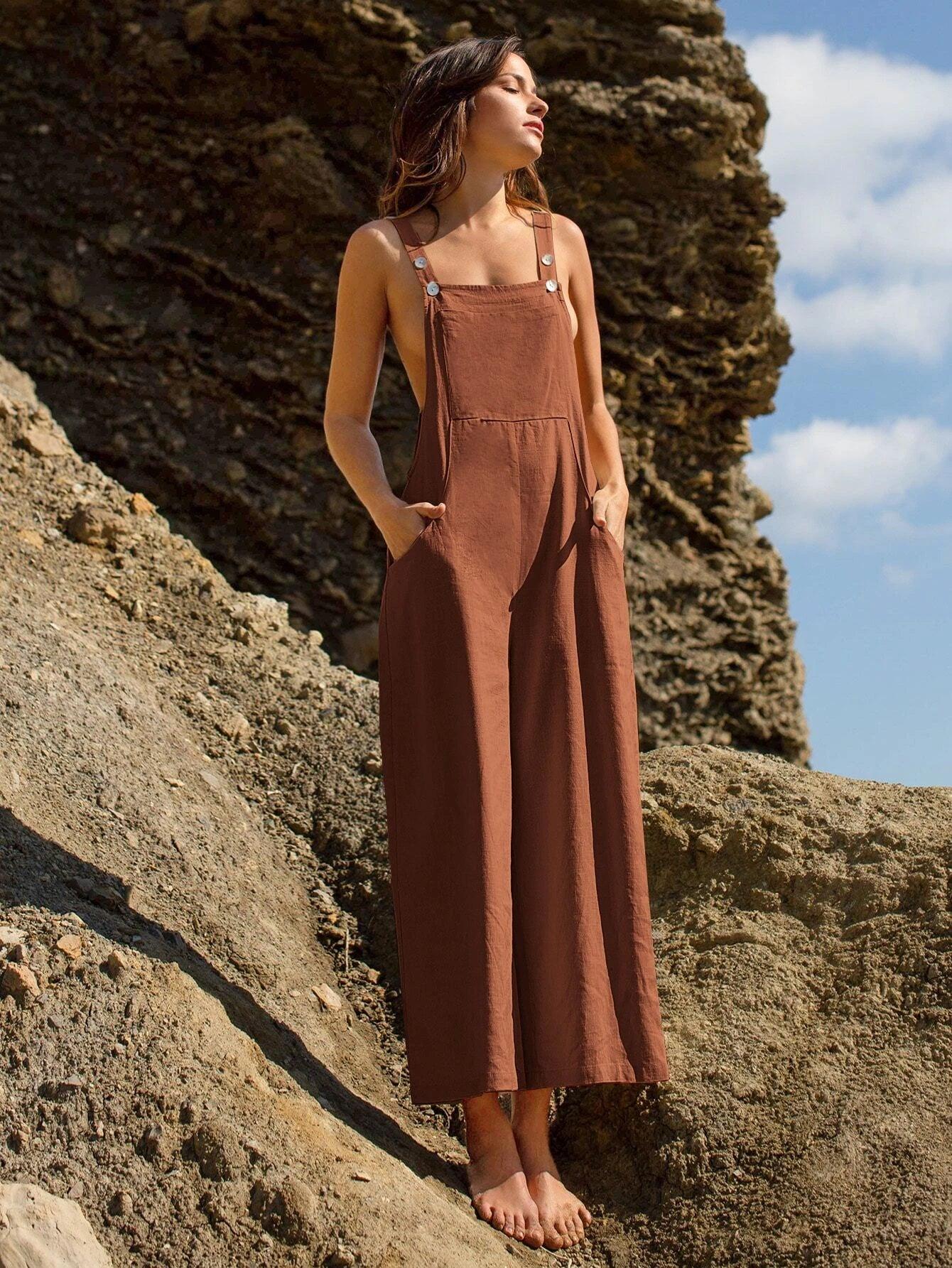 Linen Pocket Front Overalls-Comfy Jumpsuits