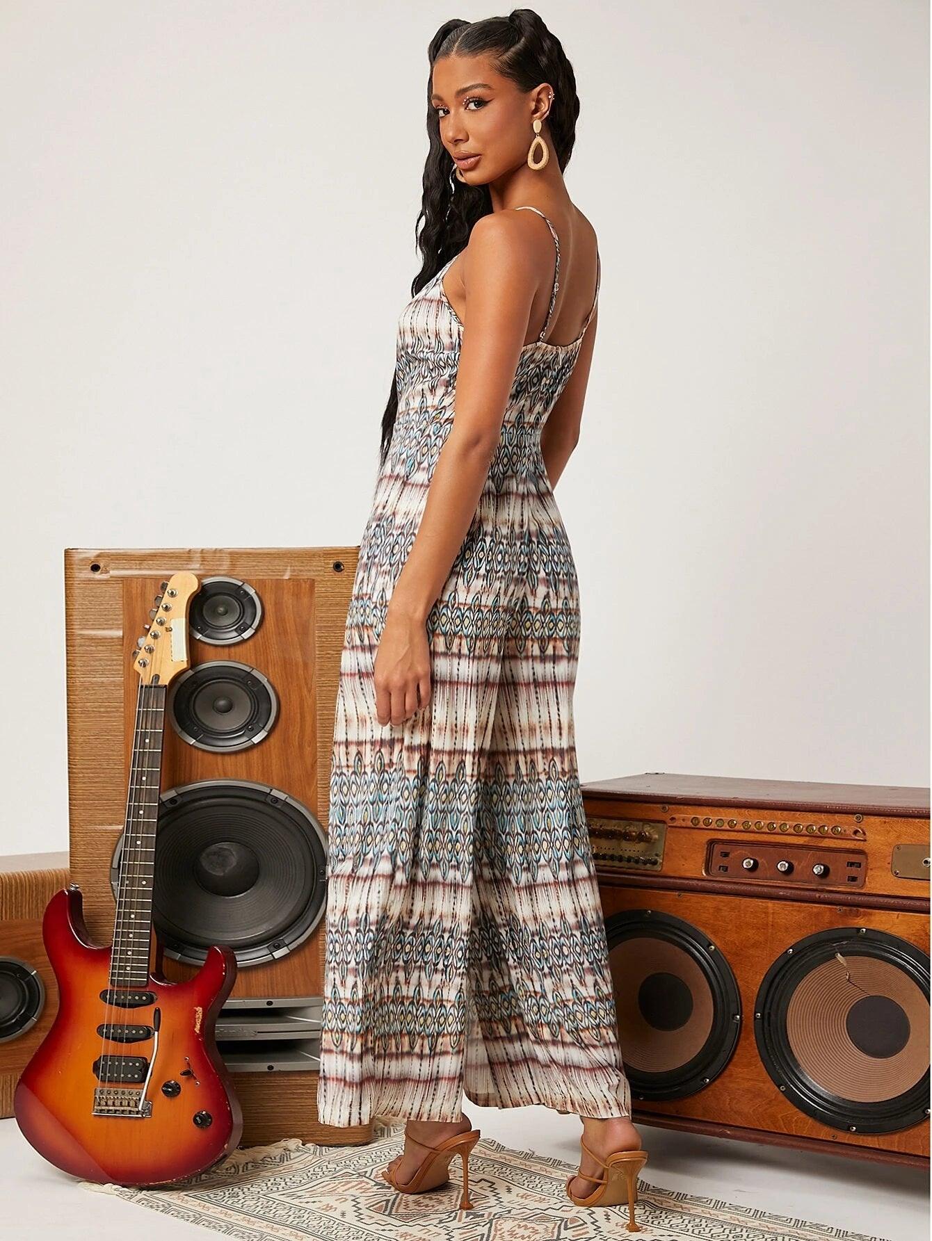 Sleeveless Split Thigh Printed Jumpsuit-Comfy Jumpsuits