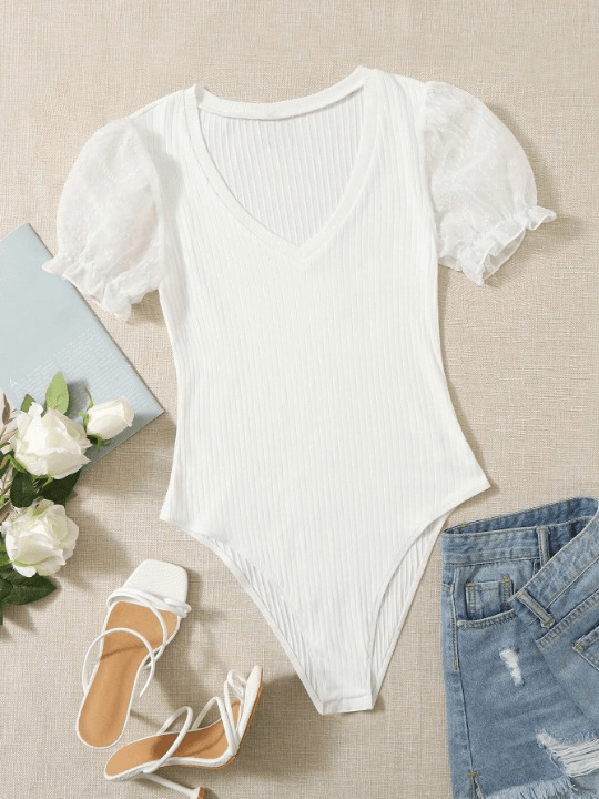 Swiss Dot Flounce Sleeve Rib-Knit Bodysuit-Comfy Jumpsuits